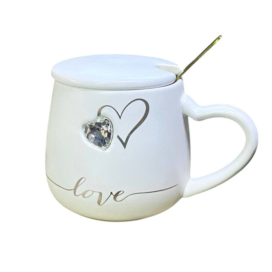 Чашка керамічна 400мл "Серце стрази" з кришкою, ложкою (042)