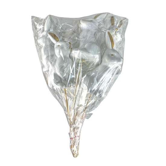 Набір білих з золотом  великодніх кроликів 14 см -6шт на паличці (L00166)