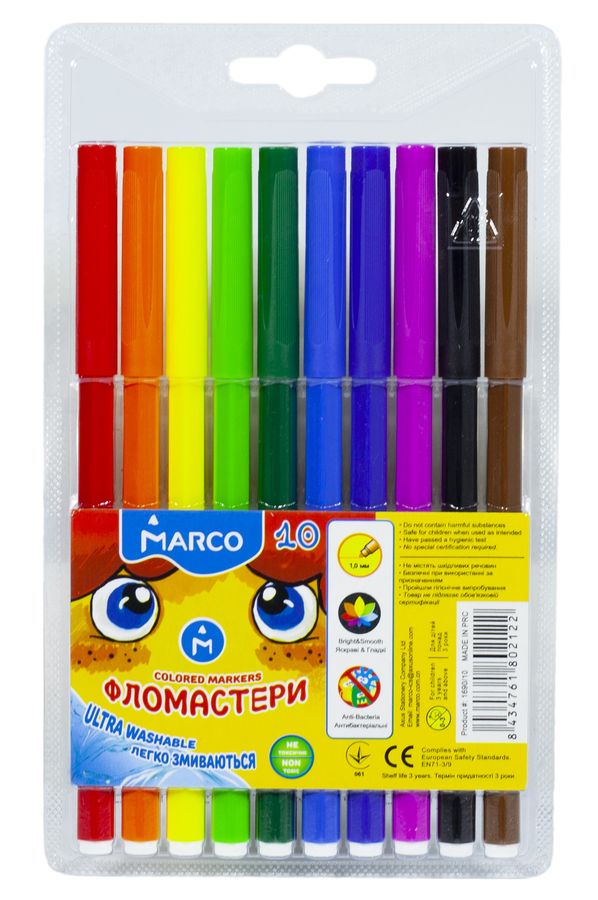Фломастери "Marco" 10 кольорів 1,00 мм (легко змиваються) (1690-10FM)