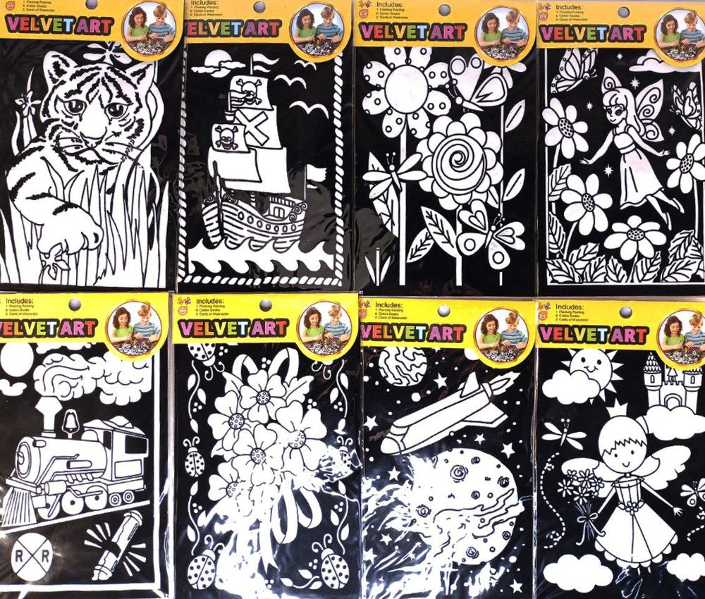 Бархатная раскраска с красками 12 цветов, 16х23см, 8 дизайнов (90182)