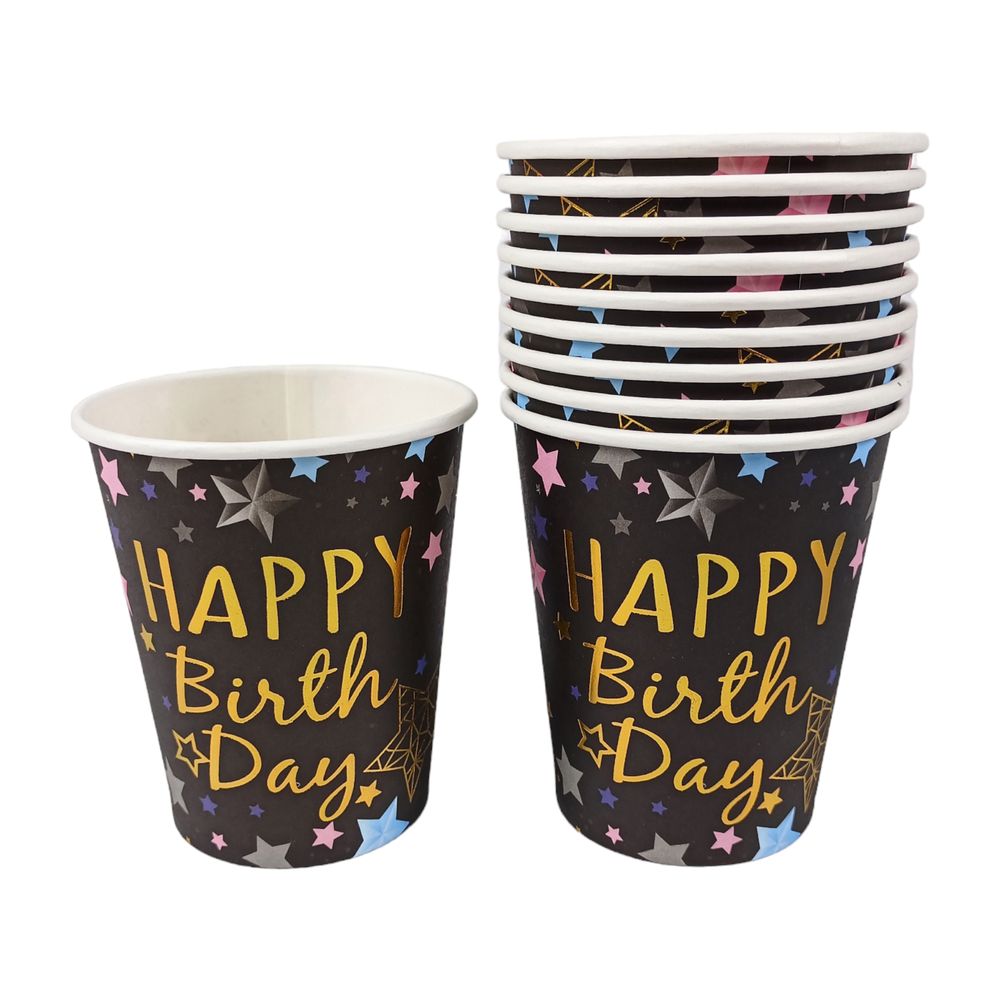 Стаканчики картонные одноразовые фольгированные 10 шт, Happy birthday Черный Без бренда (10152 black)