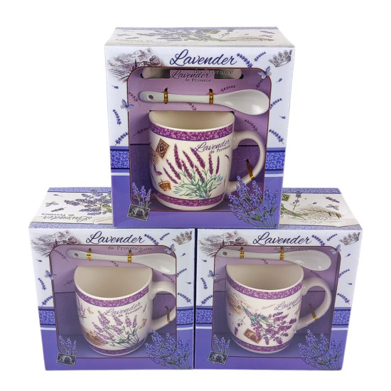 Чашка керамічна 350мл "Лаванда" з блюдцем та ложкою 4 види (477)