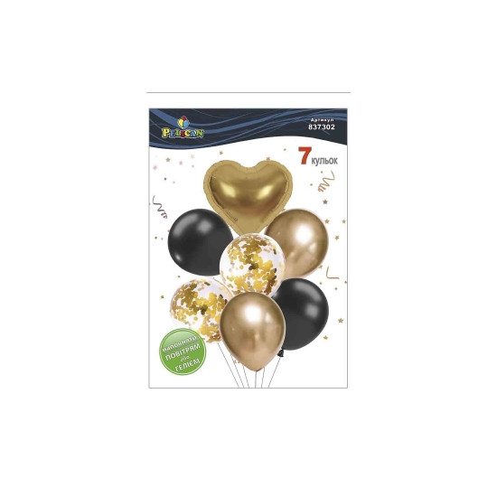 Набір з 7 кульок "Серце, золотий мікс з хромом" Pelican (837302)