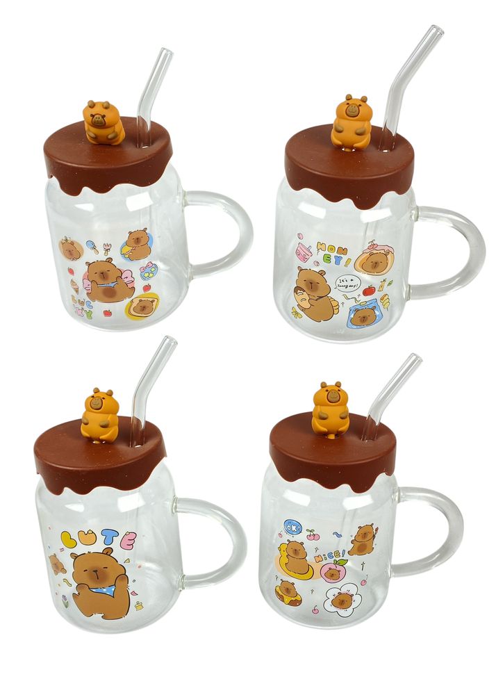 Чашка стеклянная 500 мл "Капибара" с силиконовой крышкой, трубочкой, 4 вида (9497)