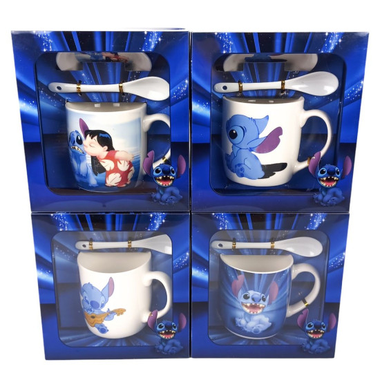 Чашка керамічна 350мл "Стiч" з блюдцем та ложкою 4 види (1020)