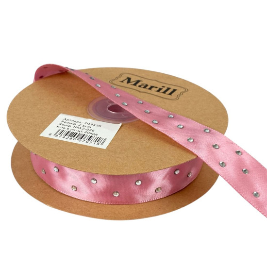 Атласная лента 2,5см х 18м со стразами розовая (D19125-A2-026)