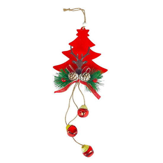 Деревянная подвеска елка красная с оленем 12 х 12 см (L00409.1)