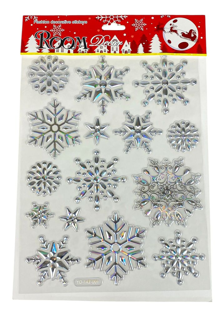 Наклейка пластиковая объемная с глитером и фольгой 31,5 х 25см Снежинки (YD-142-001-004(YD11114))