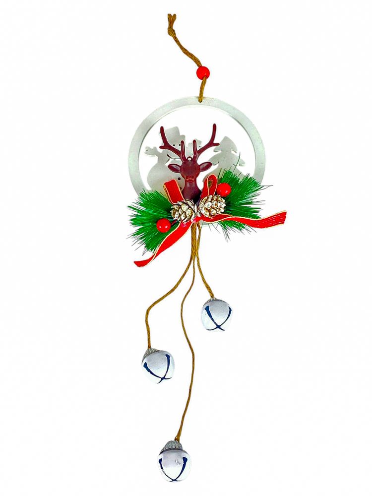 Деревянная подвеска снеговик белый с оленем 12 х 12 см (L00409.8)