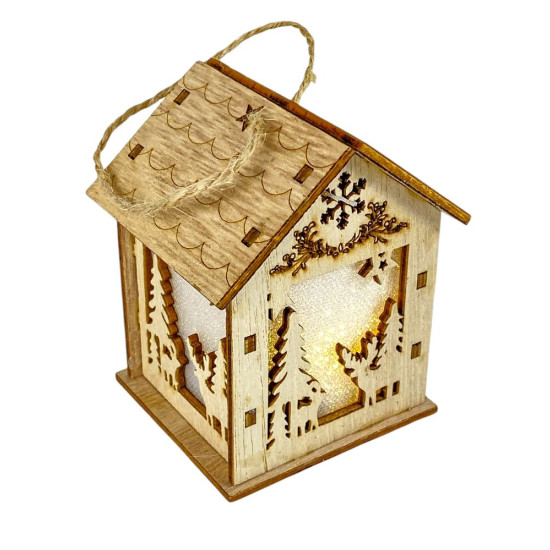 Деревянный подвес Домик с подсветкой с оленями 6 х 6 х 8см (L00413.2)