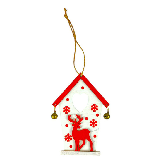 Деревянная подвеска белый домик с оленем 12 х 8, 5см (L00408)