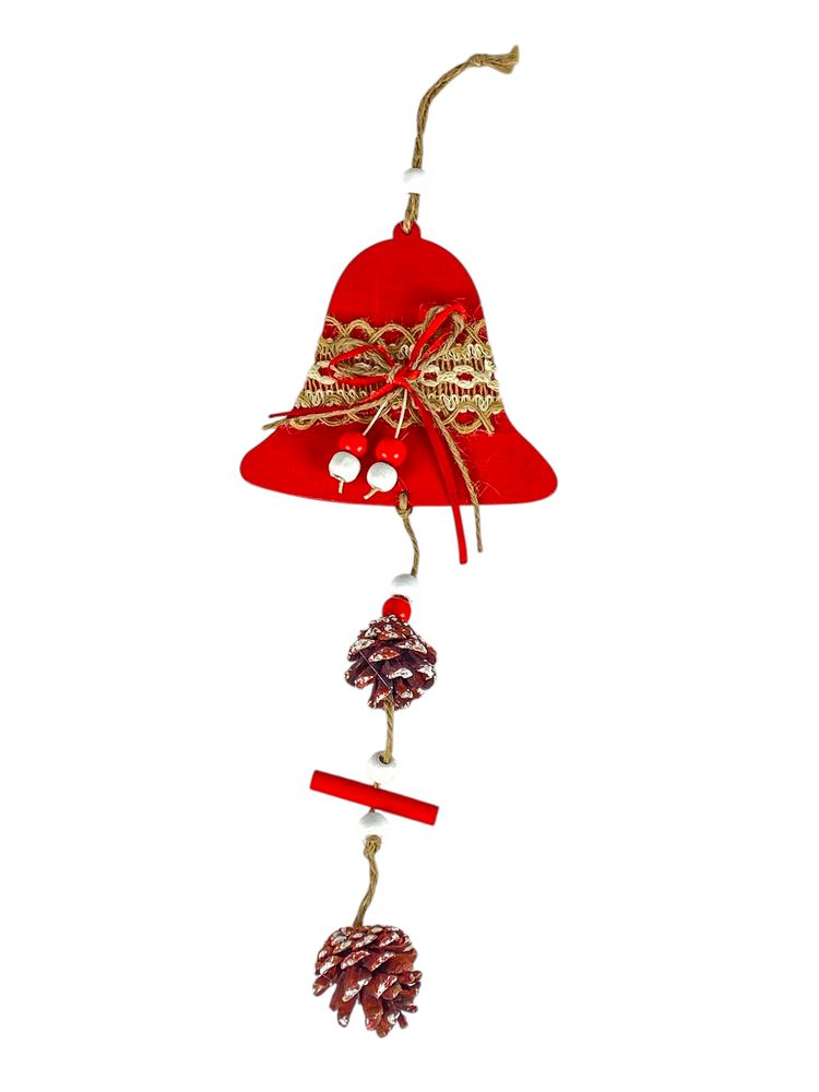 Деревянная подвеска колокольчик красный с шишками 12 х 12 см (L00410.4)