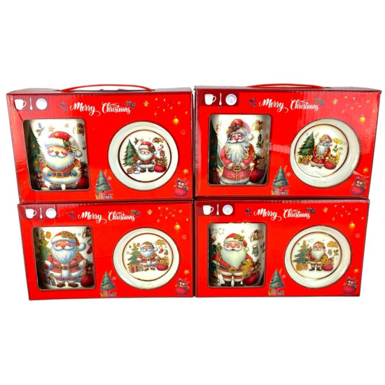 Чашка керамическая 350мл "Санта Клаус с мешком подарков-золотой обводки" с блюдцем, ложкой (Q-40-B)