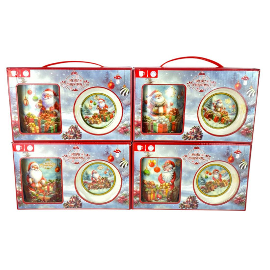 Чашка керамическая 350мл "Санта Клаус с подарками" с блюдцем, ложкой (Q-29-B)