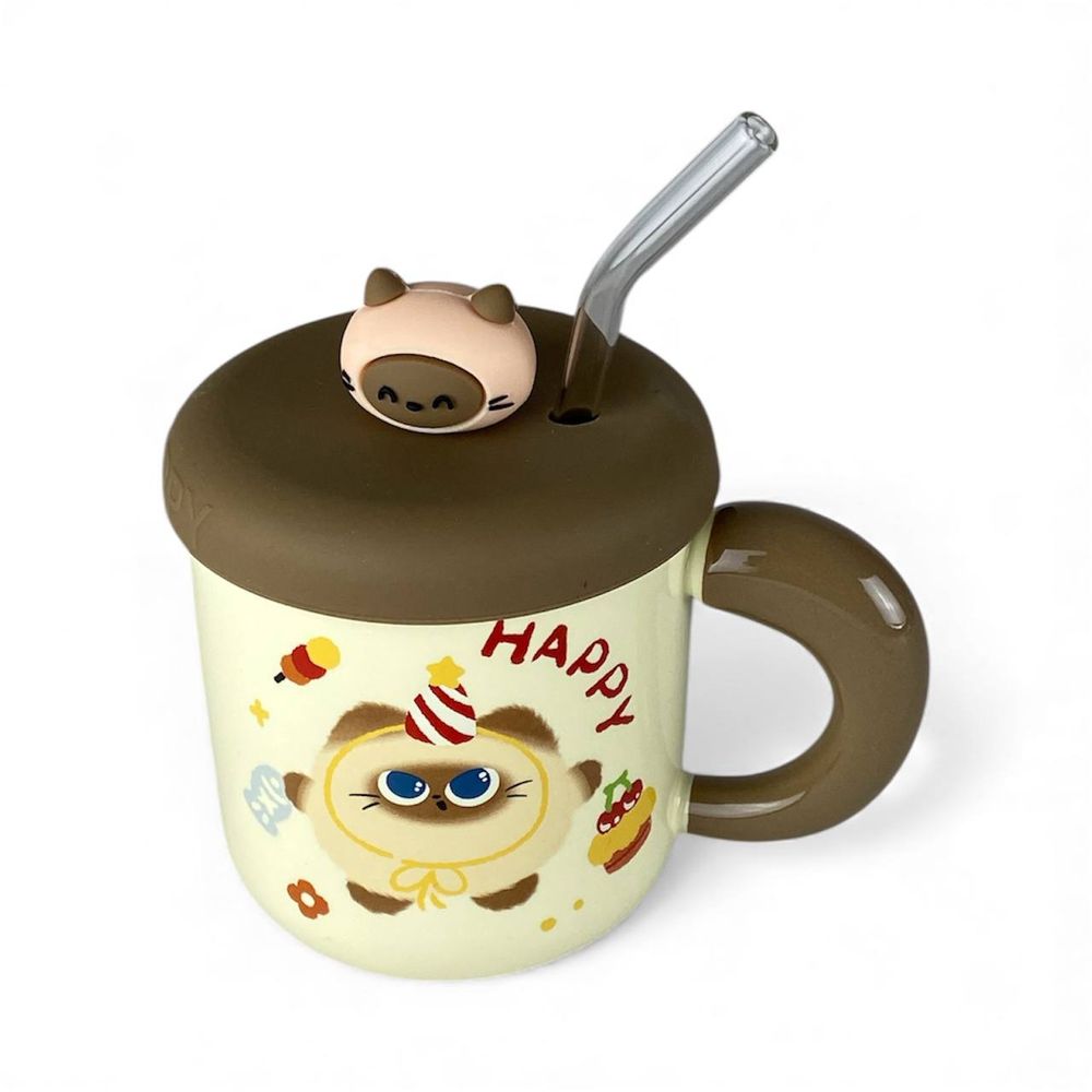 Чашка керамічна 400мл "Кіт 3D" з силіконовою кришкою,трубочкою (1264)