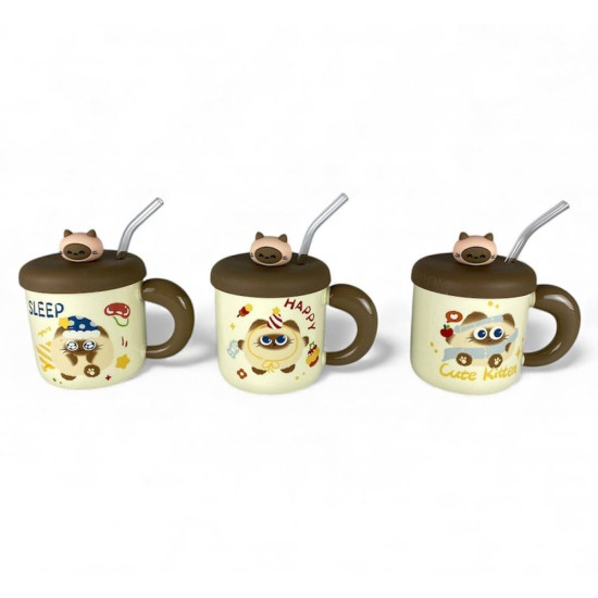 Чашка керамічна 400мл "Кіт 3D" з силіконовою кришкою,трубочкою (1264)