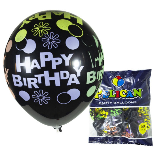 Шарики Pelican 12' (30 см), черный - Happy Birthday, 50шт/уп, 824514 (824514/1250-514)