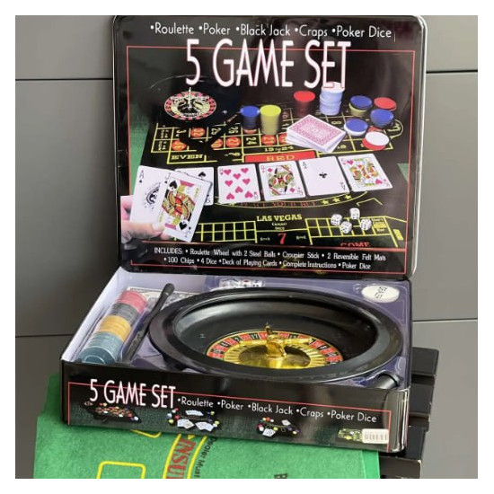 Игра настольная 5 в 1 "Рулетка, Крепс, Покер, Блэк-Джек, Poker Dice" в металлической коробке Unison (23869-5)