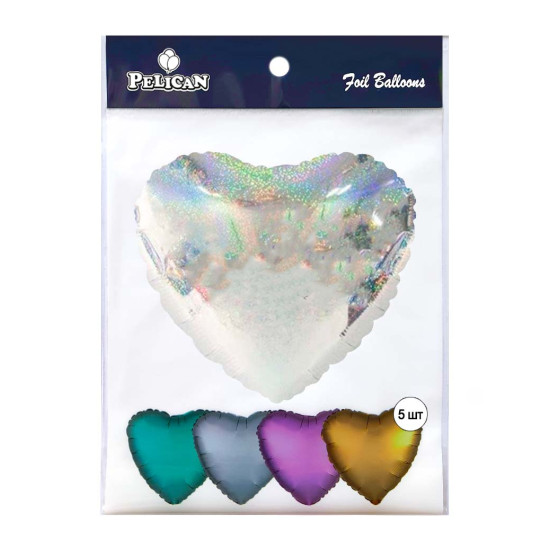 Шарик фольгированный Pelican 18' Сердце голограмма блеск серебро 45см, 5шт/уп Серебряный Pelican (833652)