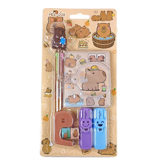 Набор блокнот 8 х 7см 65 листов, ручка, маркер 2шт, скотч 2шт, диспенсер "Капібараi" 2 види (008-СВ)