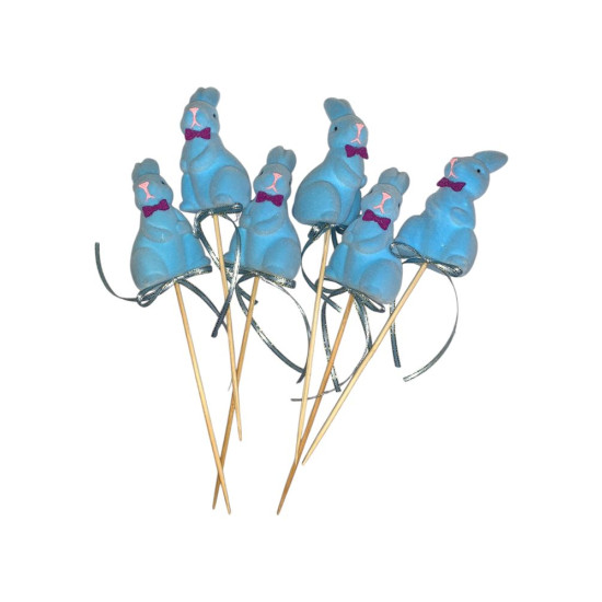 Набор  пасхальных бархатных кроликов  8 х 4см -6шт на палочке (L00162 blue)