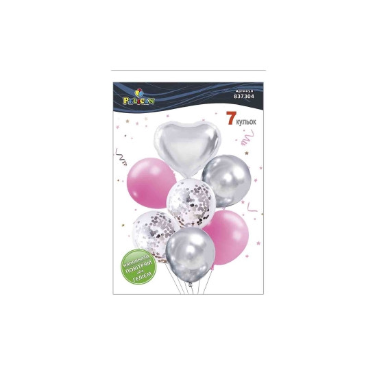 Набор из 7 шариков "Сердце, серебряный микс с ярко розовым" Pelican (837304)