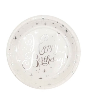 Тарелки бумажные TM Pelican 18cm "Happy Birthday белые с серебряными звездочками"   10шт Pelican (871626)