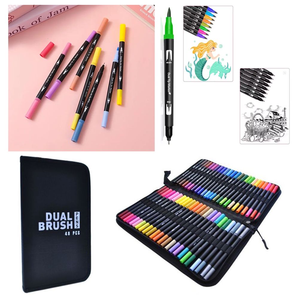 Фломастери-маркери, двосторонні, акварельні, 48 кольорів, в чохлі (064007)