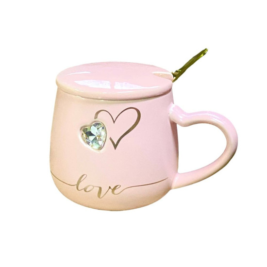 Чашка керамическая 400мл "Сердце стразы" с крышкой, ложкой (042)