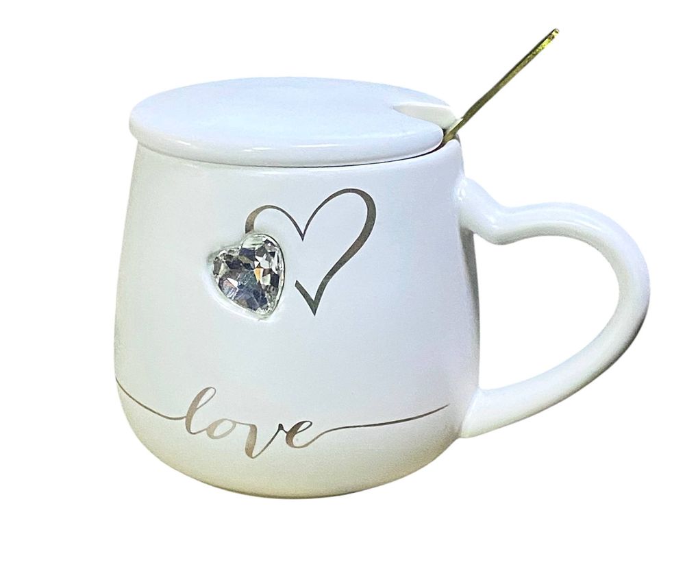 Чашка керамическая 400мл "Сердце стразы" с крышкой, ложкой (042)