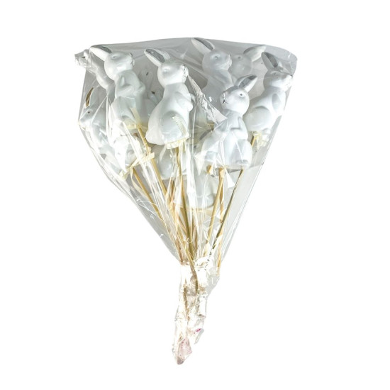 Набор белых пасхальных кроликов  8 х 4см -6шт на палочке (L00167)