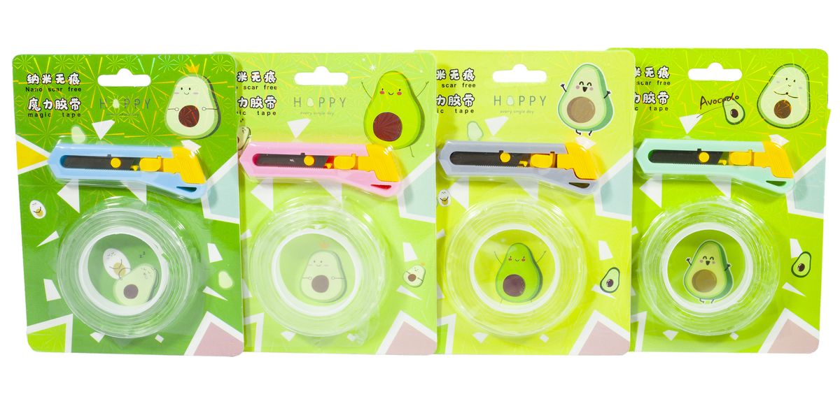 Скотч двусторонний акриловый многоразовый + нож канцелярский 1 х 100см "Авокадо" Unison (1609)