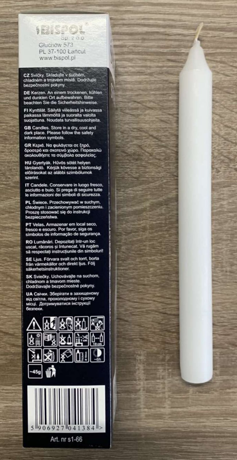 Свеча парафиновая 19х2см, 6 часов горения, в картонной упаковке Белый Unison (S1-66)