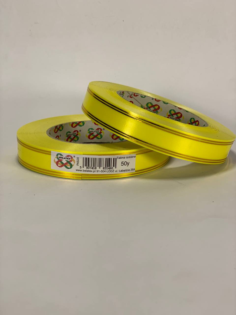 Лента пластиковая 2см, 50 ярд, желтая + 2 золотые полоски, BELATEX Желтый Unison (PAS20 -2 yellow)