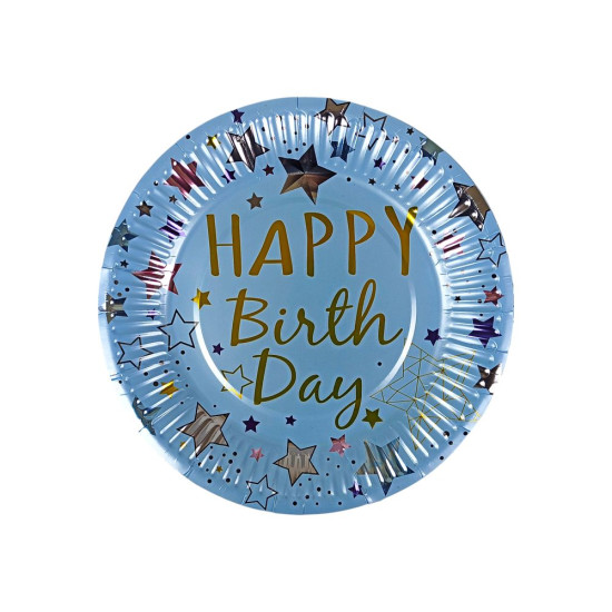 Тарелки одноразовые картонные фольгированные 10 штук в пачке, Happy birthday Голубой Без бренда (10151 blue)