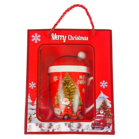 Чашка керамическая  350мл "Новогодняя" с крышкой, ложкой, в подарочном пакете, 4 вида Красный (HM-320-B)
