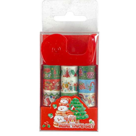 Набор лент декоративных бумажных Washi 9шт 1,5см х 1м с диспенсером, Новогодние (CH9+1)