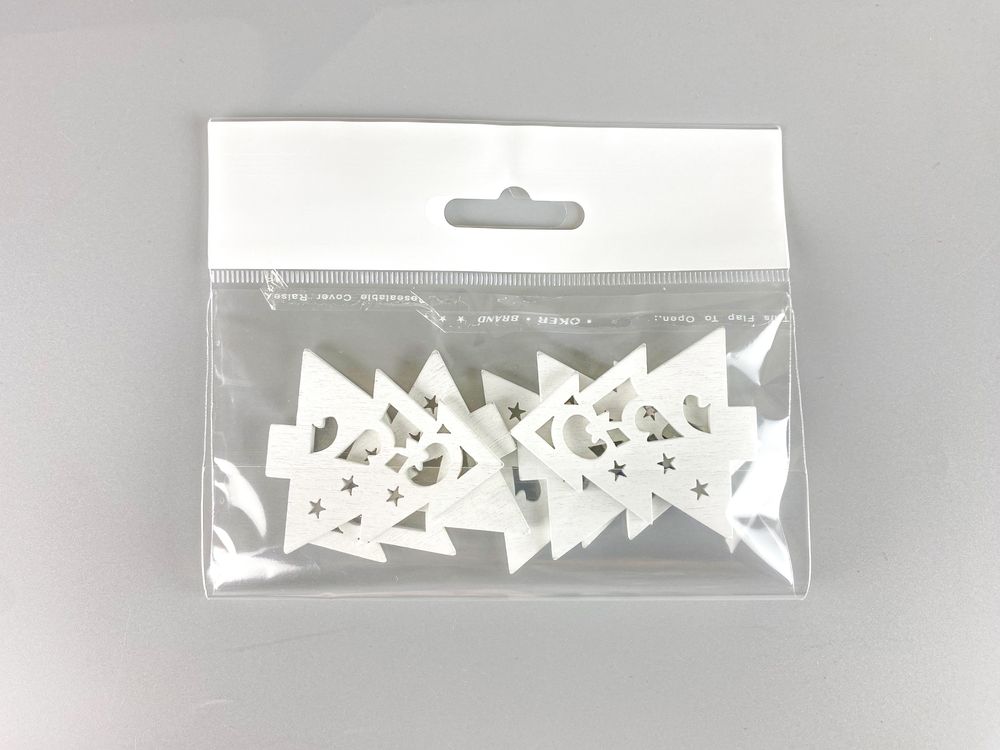 Деревянная елка со звездами и фигурами 5 х 6см, белая, 5шт (TK-029)