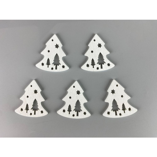 Деревянная елка со звездами и елями 5 х 6см, белая, 5шт (TK-032)