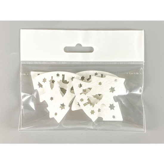 Деревянная елка со звездами и елями 5 х 6см, белая, 5шт (TK-032)