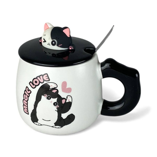 Чашка керамическая 400мл "Кот черно белый" с крышкой, ложкой Unison (2316-1)