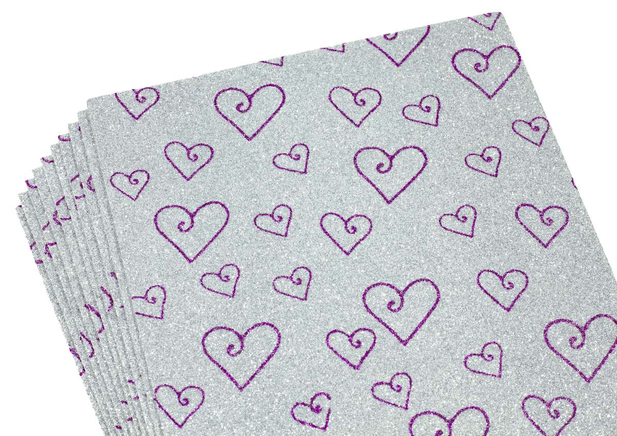 Фоамиран с глиттером  2мм, 10 листов, принт сердечки  фиолет  с серебром Серый Unison (10516)