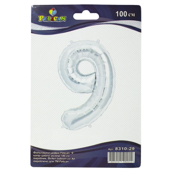Цифра фольгированная Pelican, "9" Серебро 100см Серебряный Pelican (831029)