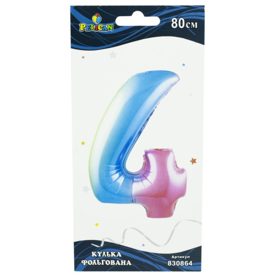 Цифра фольгированная Pelican, "4" Радужная 80см, (индивидуальная упак) Разноцветный Pelican (830864)