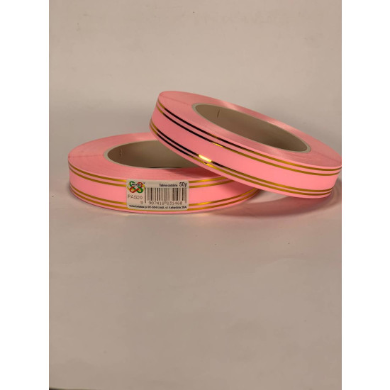 Лента пластиковая 2см, 50 ярд, розовая пудра + 2 золотые полоски, BELATEX (PAS20 -2 pink powder)