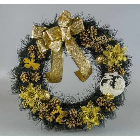 Венок рождественский зеленый 40 см Золотой Unison (C00011)