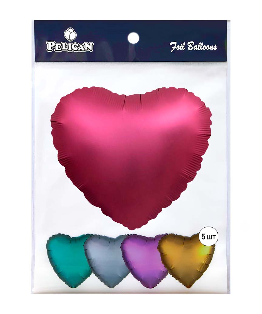 Кулька фольгована Pelican серце 10' (25см), сатин бордовий, 5шт/уп Червоний Pelican (833749)