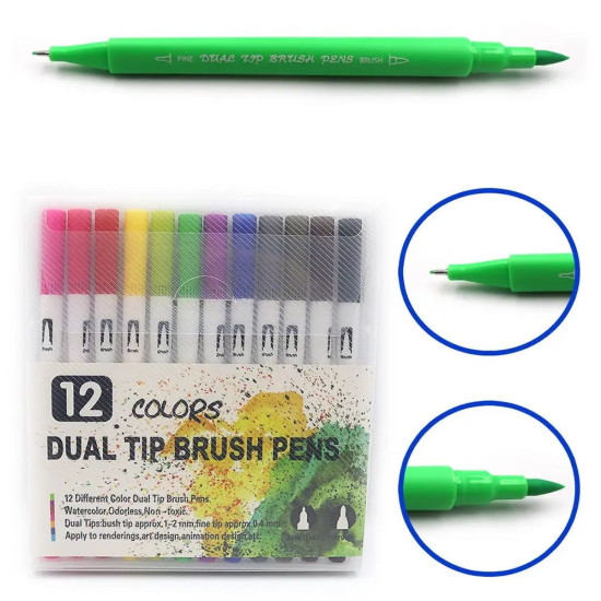 Набор линер0,4мм + кисть2мм  двусторонние, на  водной основе 12 цветов Разноцветный Без бренда (04371-12MK/9776-12)