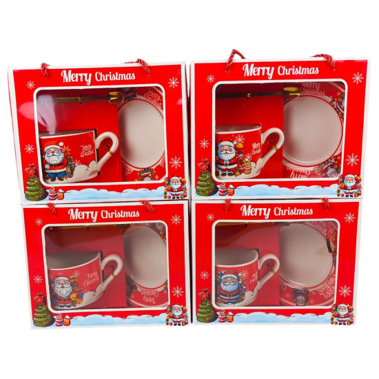 Чашка керамическая с блюдцем 250мл "Санта Клаус с елкой" в подарочном пакете (HM-306-B-1)