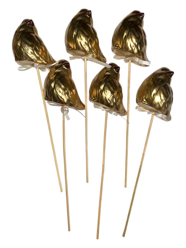 Набор золотых пасхальных птичек  5 х 3см -6шт на палочке (L00161)
